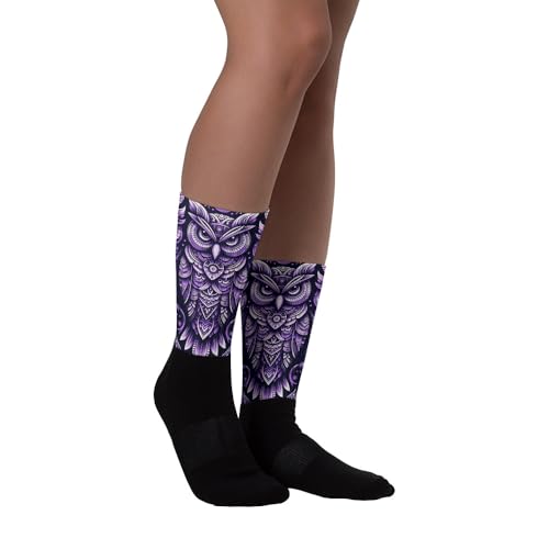 Women's Cute Purple Owl Crew Socks | Fun, Warm, Cozy, Athletic, Colorful Pattern