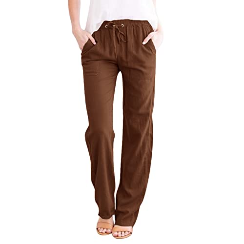 Clearance The Sales Today Deals Prime Women Log into My Account Cotton Linen Pants Women 2025 Casual Straight Leg Drawstring Elastic Hight Waist Trousers with Pockets Loose Palazzo Pants Brown