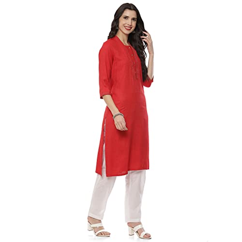 Image of Rangriti Red Art Silk Straight Kurta for Women