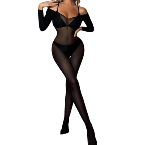 PARUPRUP Femme Sexy Maille Transparente Bodytocking Manches Longues Ouvert Body Mesh Moulante Combinasion (noir 2, taille unique)