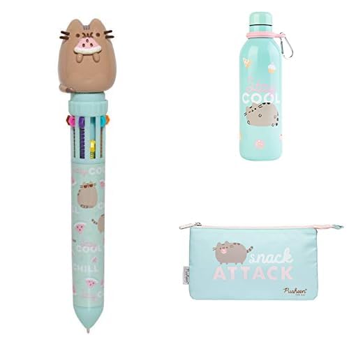 Grupo Erik pack Papelería Pusheen: Bolígrafo 3D multicolor, boligrafo 10 colores en 1 + Botella agua acero inoxidable, botella agua niños colegio + Estuche escolar, estuche 3 compartimentos
