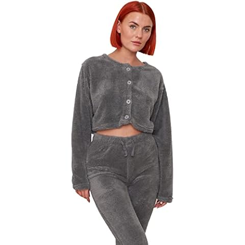 OHS Teddy Fleece Cropped Cardigan Long Sleeve Button Warm Womens Top Casual Loungewear, Charcoal Grey - Large 14-16 Cover