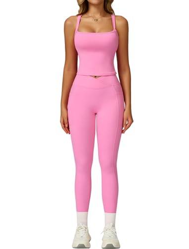 Women 2 Piece Workout Sets Spaghetti Straps Back Color Block Tank Tops High Waist Active Leggings Yoga Outfits