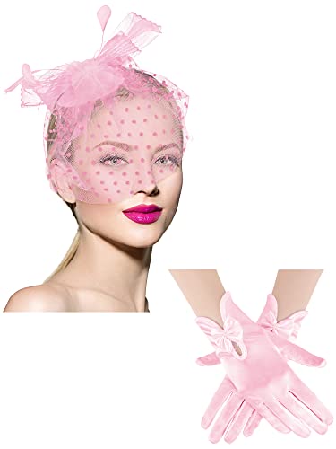 Geyoga 50s Fascinator Hat for Women Funeral Veil Hat Pillbox Cocktail Tea Party Headpiece and Lace Glove(Pink,Elegant Style)
