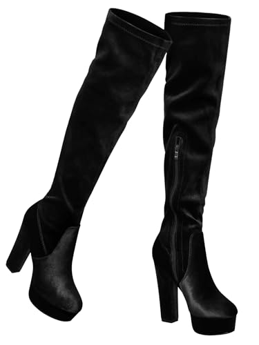 Perphy Platform Thigh High Boot Velvet Black Over the Knee Boots for Women - 8 M US