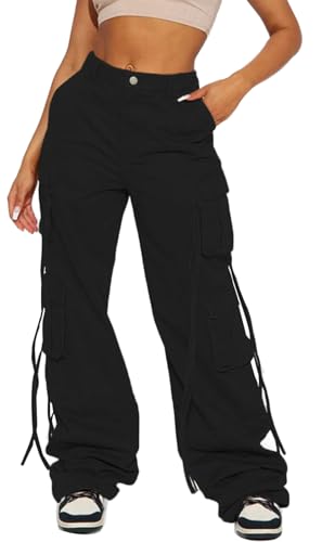 Fablinic Women Y2k High Waisted Straight Leg Relaxed Fit Camo Cargo Tactical Boyfriend Pants with 6 Pockets Streetwear Rock Concert Hippie Hip Hop Dance Edc Rave Outfits Military Clothes,Black,Medium