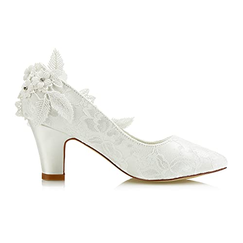 JIAJIA 62311 Women's Bridal Shoes Closed Toe 2.7" Chunky Heel Lace Satin Pumps Satin Flower Wedding Shoes3