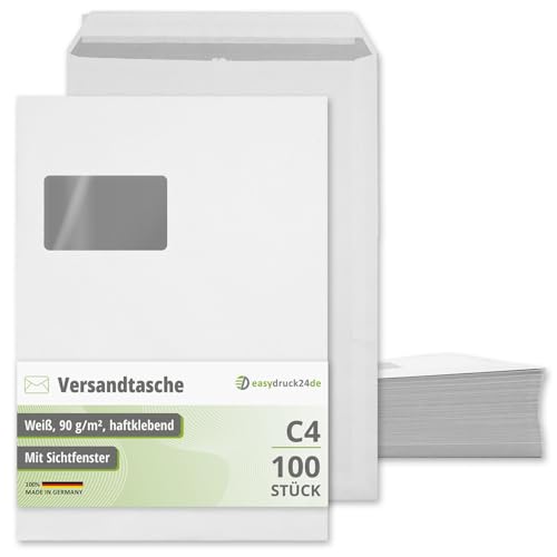 easydruck24de Umschläge mit Fenster DIN C4-100 Stück I Versandumschlag haftklebend mit Abdeckstreifen I 22 9 X 32 4 cm I 90 g/m weiß I Ideal für Briefe und Dokumente | az256