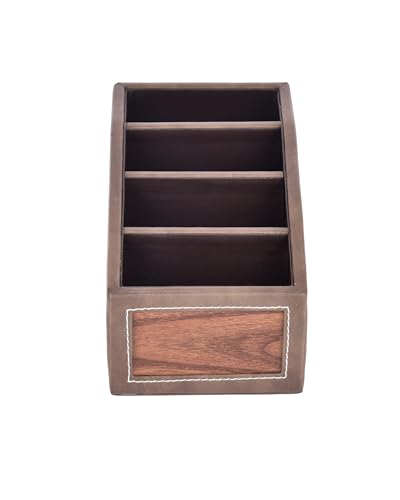Image of Premsons Classic Remote Holder - 4 Section Tabletop Organizer in Light Brown | Faux Leather with Refined Wooden Finish | Decorative & Practical Organizer - Light Brown