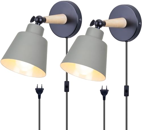 TOKIUS 2 pezzi Lampade da Parete Interno Vintage Applique da parete Moderno Faretti da Muro Retrò in Metallo e Legno E27 Plafoniere Cucina Per Cucina Camera da letto, Cavo di 1,8 m, regolabile