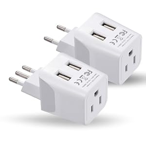 Ceptics Italy, Europe Travel Adapter Plug Set – 2 Pack – with 2 USB + USA Socket Input – Type L and Type C – Ultra Compact – Safe Grounded Perfect for Cell Phones, Laptops, Camera Chargers