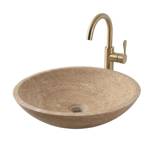 Natural 17 Inch Travertine Stone Round Vessel Sink for Bathroom, Beige Marble Bathroom Sink, Vanity Bowl Basin