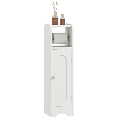 HOMCOM Mobile Porta Carta Igienica Slim con Armadietto, Mobiletto Bagno Salvaspazio con Ripiano Regolabile, Portarotolo Carta Igienica in Legno, 21x20x79 cm, Bianco