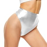 Kepblom Women's Thong Metallic Rave Bottoms Shiny High Waisted Panties for Festival Clubwear Dancing, Silver, S