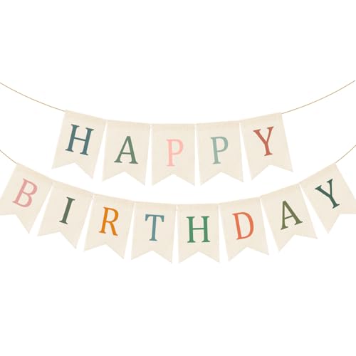 Image of Doumeny Happy Birthday Burlap Banner Boho Birthday Garland Bunting Sage Green Pink Bohemian Party Hanging Flag White Happy Birthday Party Bunting Garland for Women Men Birthday Photo Backdrop