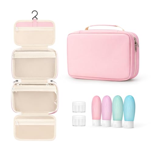 Toiletry Bag for Women with Travel Size Containers Set, Hanging Toiletry Bag for Full Size Toiletries, Skincare, Shampoo, Makeup Cosmetic Bag Travel Organizer, Water-Resistant Toiletry Bag, Pink