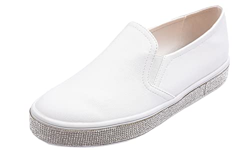 Image of FEVERSOLE Women's Fashion Slip-On Sneaker Casual Platform Loafers White Silver Rhinestone Shoes Size 8.5 M US