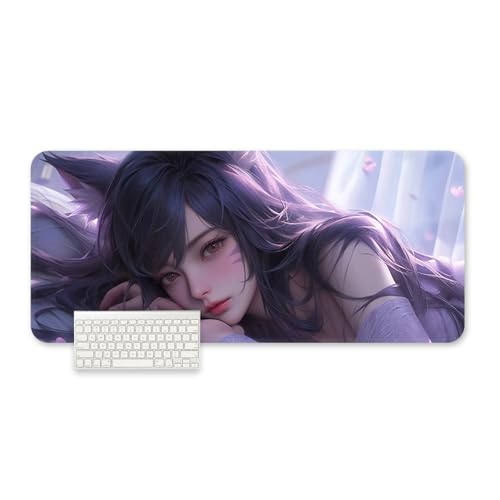 女の子、キツネ、 XL (80cm x 30cm)、拡張大型マウスマット デスクパッド、ステッチエッジ 、滑り止めラバーベース、キーボードパッド(11.8 x 31.5インチ) (2)