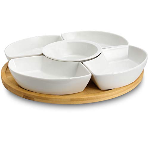 Elama Signature Appetizer And Condiment Server Set 5 Dishes And 1 Lazy Suzan Serving Tray, 6 Piece, White Stoneware And Natural Bamboo #TOP1