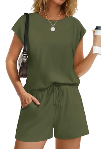 WIHOLL Two Piece Sets for Women Summer Crew Neck Lounge Short Sets Cap Sleeve Drawstring Sweatsuit with Pocket