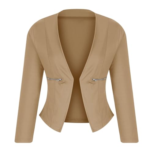 Womens Blazer Cardigan Work Office Suit Jacket Casual Collarless Cropped Long Sleeve Business Blazers Coat4