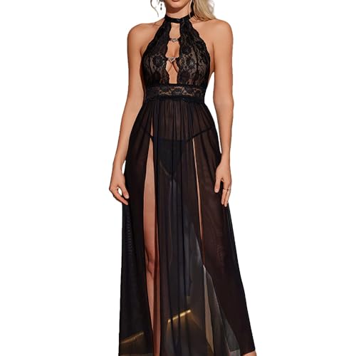 XFSRG Nuisette Femme Sexy en Dentelle Transparente Halter Lingerie Sexy Femme Élégante pour Soirées Spéciales et Séduction (Noir, M)