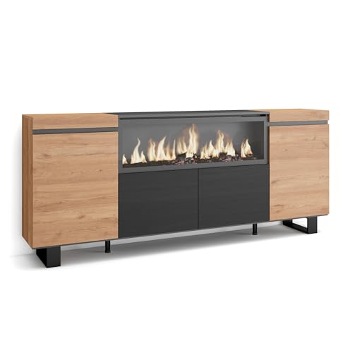 Skraut Home | Buffet Salon et Cuisine | Meuble de Rangement, Commode | 210 | 4 Portes | Cheminée électrique XXL | Design Industriel | Style Moderne | Chêne...