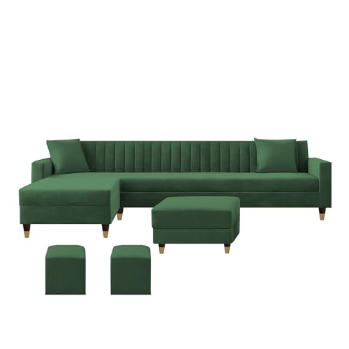 Image of Casaliving Garcia LHS 8 Seater L Shape Sofa Set with Ottoman & 2 Puffy for Living Room (Green) Premium Fabric Sofa Set for Living Room