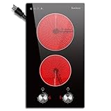 Karinear 110V Electric Cooktop 2 Burners Electric Stove 12 Inch Knob Control Countertop & Built-in Ceramic Cooktop, 9 Heating Level, Hot Warning, Over-Temperature Protection(Silver Knob)