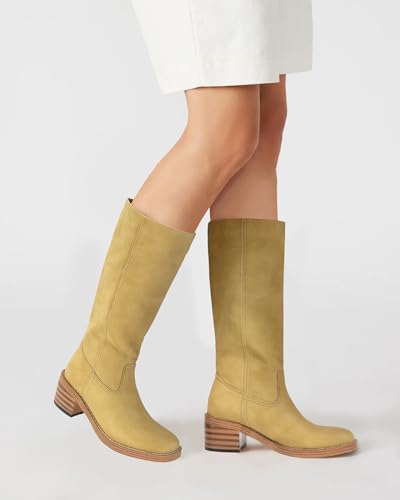Image of DOEYG Women's Banana Knee High Boots Square Toe Chunky Block Heel Tall Boots Wide Calf Fashion Comfortable Casual Pull on Long Boots