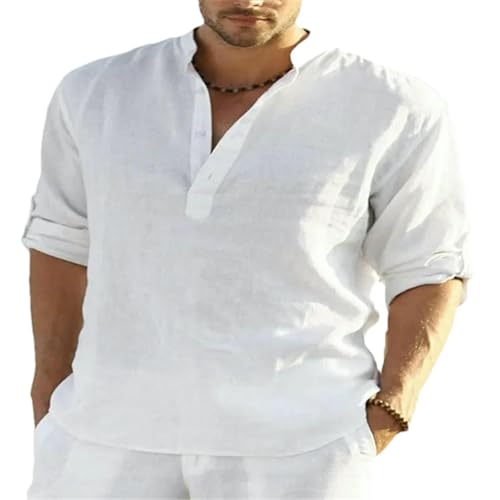 Chemise homme manches longues coton ample col officier bouton streetwear décontracté uni