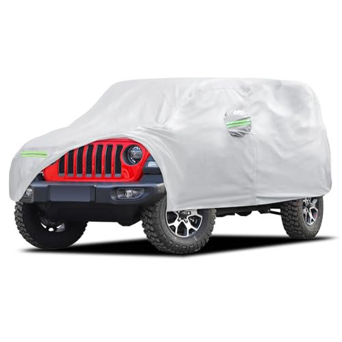 Image of Car Cover Custom Fit for Jeep Wrangler 4 Door 2006-2026 JK JL, Migaven Waterproof Full Exterior Cover Rain Sun Protection with Door Zipper, Silver