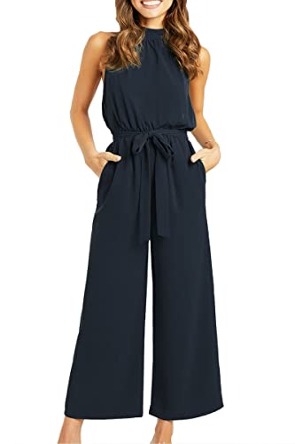 Ecowish Womens Loose Fit Jumpsuits, Sleeveless Wide Leg Pants Halter Neck Jumpsuit For Women Summer Rompers Dark Blue S #TOP20