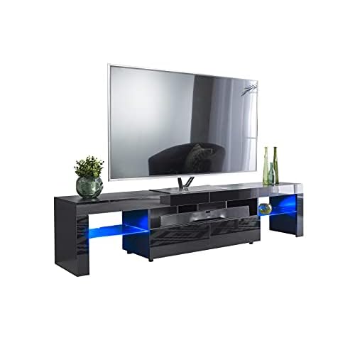 MMT Furniture Designs Ltd Meuble TV noir brillant de 200 cm avec lumières, convient aux téléviseurs jusqu&rsquo;à 65, 85, 90&Prime;, tables TV pour salon, unités multimédia TV avec rangement