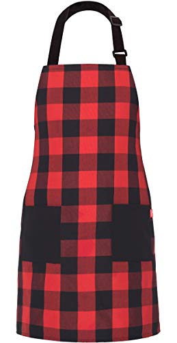 ALIPOBO Chef Bib Apron for Men Women, Christmas Gift, Kitchen Cooking Apron with 2 Pockets, 40" Long Ties and Adjustable Neck Strap - 32" x 28" - Red/Black