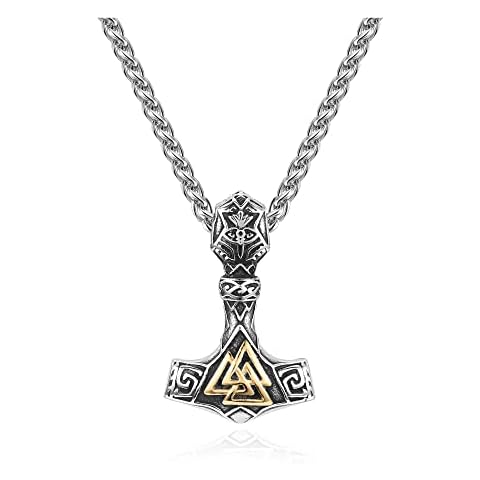 AllerPierce Nordic Viking Necklace Stainless Steel Thor Mjolnir Odin Raven Valknut Vegvisir Pendant Necklace Norse Viking Thor hammer Amulet Jewellery for Men Women Gifts (Gold) Cover