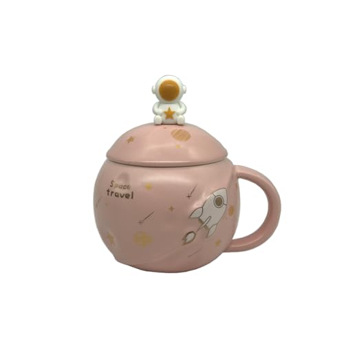 Image of NOSCOMP Astronaut Coffee Mug with Lid & Spoon| Embossed Planet Mug | Space Mug, Ceramic, 3D Creative Astronaut Universe Planet | Leak Proof | Portable (Astronaut - Pink, Capacity - 400 ML)
