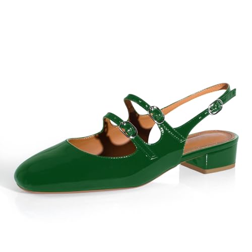 Image of anteikira Women's Round Toe Slingback Flats Closed Toe Double Strap Mary Jane Flats for Women 1 Inch Heel Dress Shoes Low Heel Causal Work Office Pumps for Women Size 5.5-12US