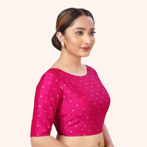 Image of Studio Shringaar Women Cotton Silk Silky Brocade Readymade Elbow Length Sleeves Saree Blouse Choli