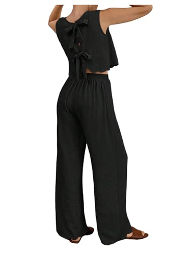 Image of GORGLITTER Womens Co Ord Sets Bow Tie Back Crop Tank Top Loose Trousers Scalloped 2 Piece Coord Sets Airport Travel Holiday Clothes Black X-Large