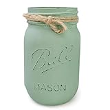 Mint Green Mason Jar Decor | 16 oz Hand Painted Distressed Pint Jar | 5 Inch | Rustic Farmhouse Decor | Pencil Holder for Desk | Green Vase for Flowers | Green Centerpiece Vase (Mint Green)