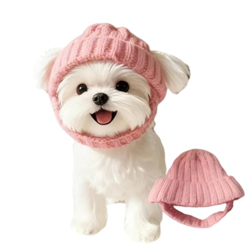 Red Knit Dog Beanie with Ear Flaps Warm Winter Hat for Small Medium Dogs Soft Pet Cap for Cold Weather Cute Ear Cover for Puppy Holiday Christmas Accessory (Pink)