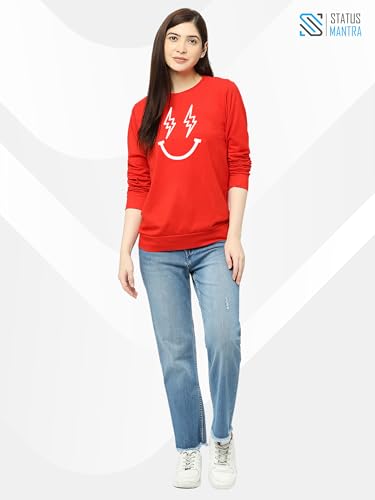 Image of STATUS MANTRA Women's Cotton Round Neck Regular Fit Sweatshirt | Full Sleeves and Smile Printed | Comfort Colour T-Shirt | Available in Multicolor & Size Small to 2XL