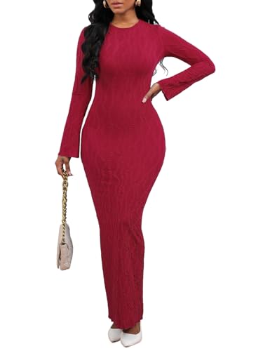 Women's Casual Dress Crew Neck Elegant Fall Winter Long Sleeve Midi Bodycon Pencil Cocktail Wedding Dresses 094