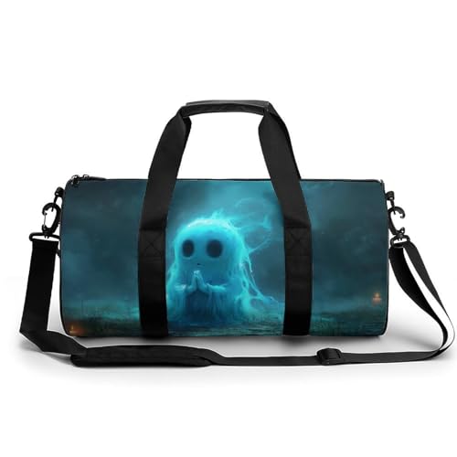Funny Halloween Ghost Travel Gym Bag for Women Men Ghost Praying to The Sky Gothic Dark Academia Creepy Spooky Cylindrical Duffle Bag Sport Workout Bag with Shoulder Strap