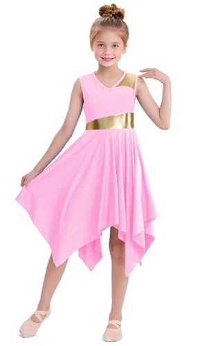 yrsZX Girl\'s Praise Dance Tunic Dress Irregular Hem Flowy Skirt Worship Liturgical Lyrical Dance Costume Pink, Tag 160