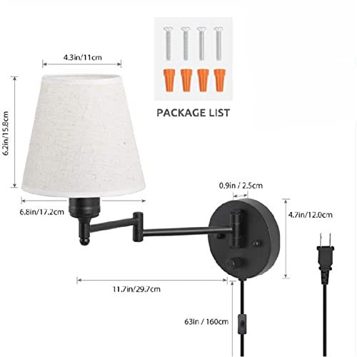 Lámpara de pared regulable con enchufe e interruptor E27 negro para lectura en cabecero de cama 5