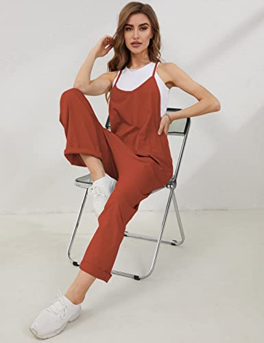 Freyhem Women's Loose V Neck Harem Jumpsuits Sleeveless Spaghetti Strap Baggy Overalls With Pocket(Rust-M) #TOP3
