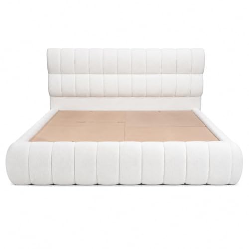 Image of Crafts Luxury Upholstered King Size Bed with Box Storage | Premium Boucle Fabric Platform Bed, Wooden Double Cot for Bedroom, Sheesham Wood, 6.5 x 6 Ft, White
