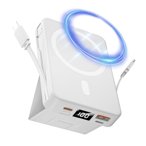 CROWATTS Mag-safe - Batería externa inalámbrica de 10000 mAh, batería de carga rápida PD de 22,5 W con USB-C, pantalla LED magnética con soporte para iPhone 16/15/14/13/12 Pro (blanco)